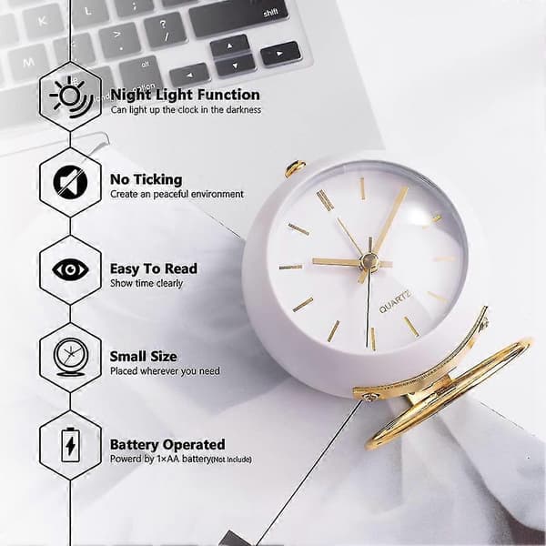 Battery-powered Desk Alarm Clock with Lamp, Retro Silent Analog Small Clock, Table and Nightstand Alarm Clock