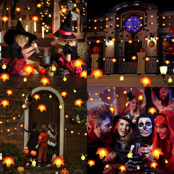 Maple Leaf and Pumpkin String Lights for Thanksgiving, Maple Leaf String Lights, Autumn and Halloween Decorations 3m 20 LED Battery Operated Garland