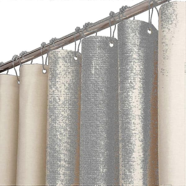 Extra lång 180 x 210 cm beige krämfärgad duschdraperi i linnestruktur av polyester med 12 krokar