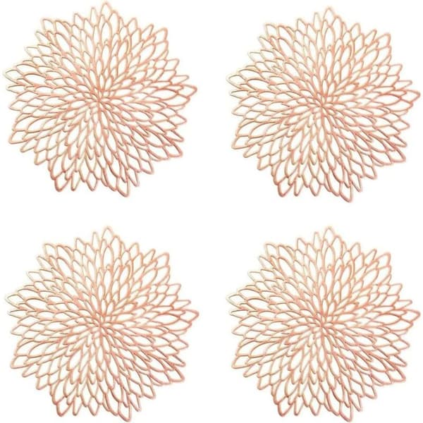 Sett med 4 uthulede runde bordbrikker, roségull runde bordbrikker, pressede uthulede runde bordbrikker, isolerende tallerkener, borddekorasjon (roségull)
