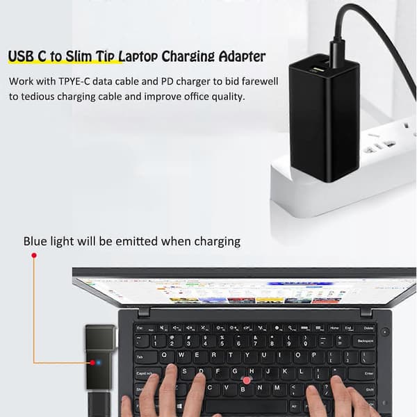USB C - DC Slim Tip -adapter Lenovo Thinkpadeille 100W PD -pikalatauksella