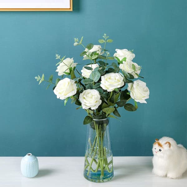 12-pakning kunstige roser blomster silke realistiske blomster, hvit