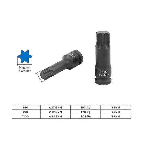 3 Pieces 1/2 T80 T90 T100 Hex Torx Socket Tool Set Pneumatic Wrench Fittings