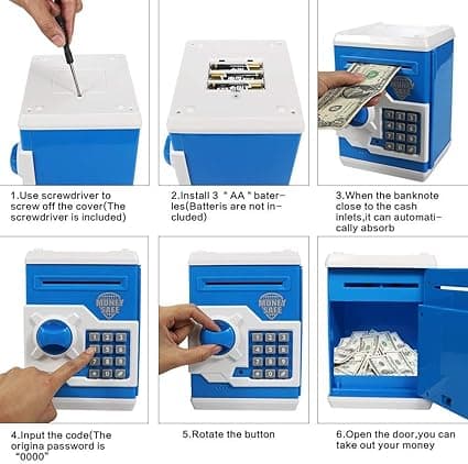 Elektronisk sparegris (blå) med automatisk pengeseddelrulle, mini-ATM