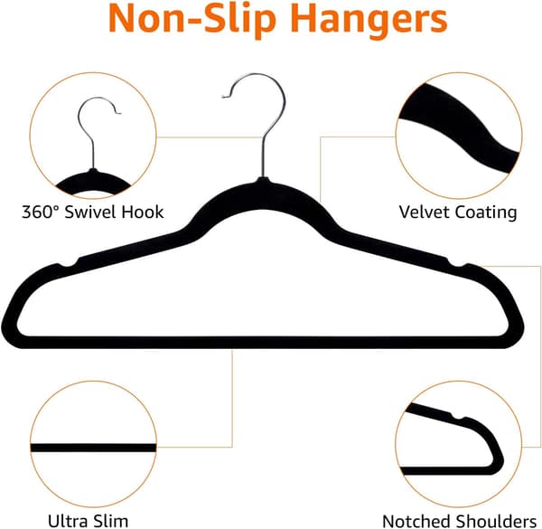 Slim Velvet Hangers with Non-Slip Surface, Black/Silver - 10-Pack