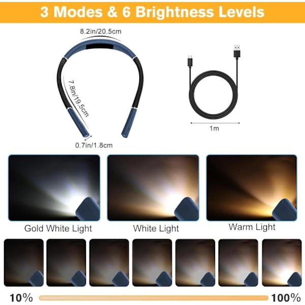 Rechargeable Neck Reading Light - For Reading in Bed - 3 Colors & 6 Brightness Levels - USB Charging (Blue)