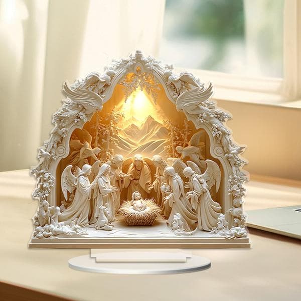 Kunstnerisk 2D Religiøs Julekrybbeskulptur med Base Akryl Skrivebordspynt