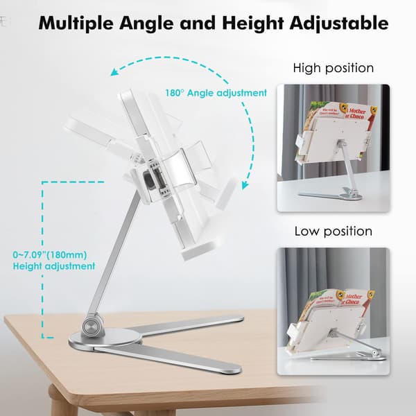 Book Stand, Cookbook Holder Desk Reading, Adjustable Height and Angle, Aluminum Alloy, Foldable and Portable