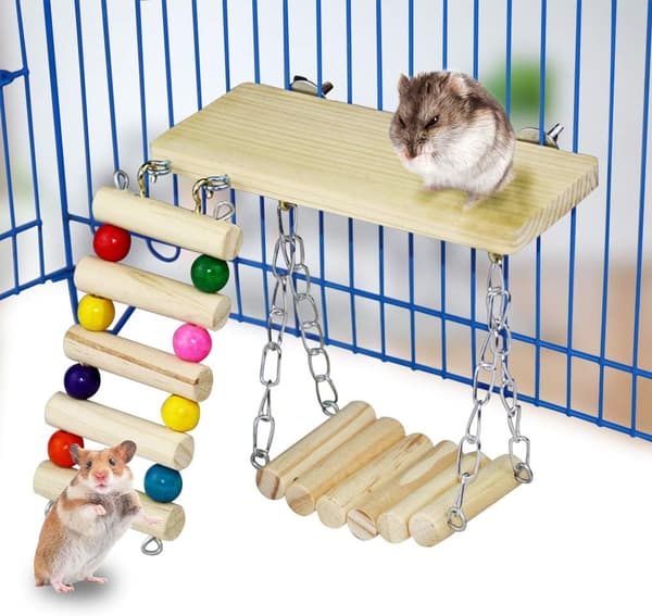 3-pack Hamsterleksaker, hängande tuggleksak i trä för hamster, tillbehör för marsvin och smådjursbur