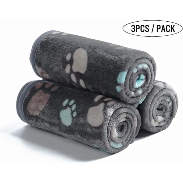 3-pack Grå Tass Ultramjuk Plysch Hund-/Kattfilt Medium (80*70cm)
