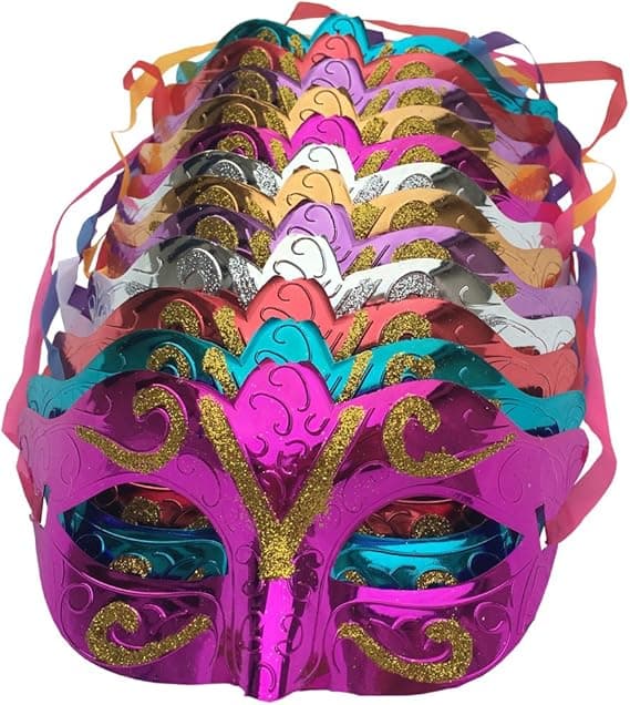 12-pack, guldpläterad glänsande festmask, bröllopsgåvor, maskerad karnevalsmask
