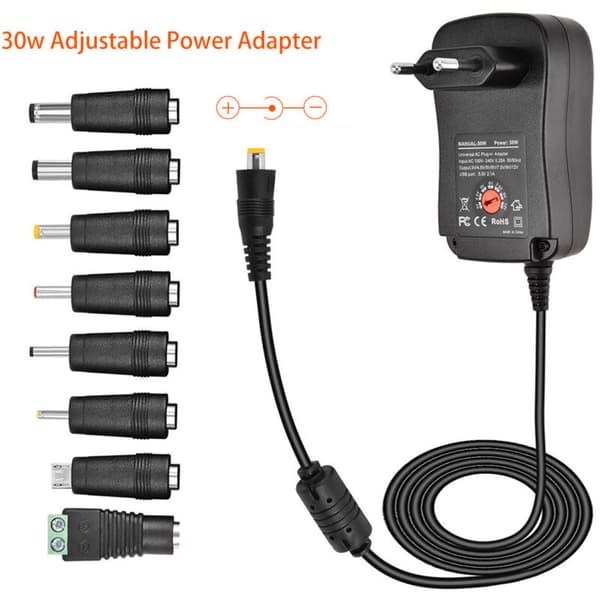 30W AC-DC-adapter universaali virtalähde 3V 4.5V 5V 6V 7.5V 9V 12V, monijännitteinen sovitin 8 DC-liittimellä kodinelektroniikkaan