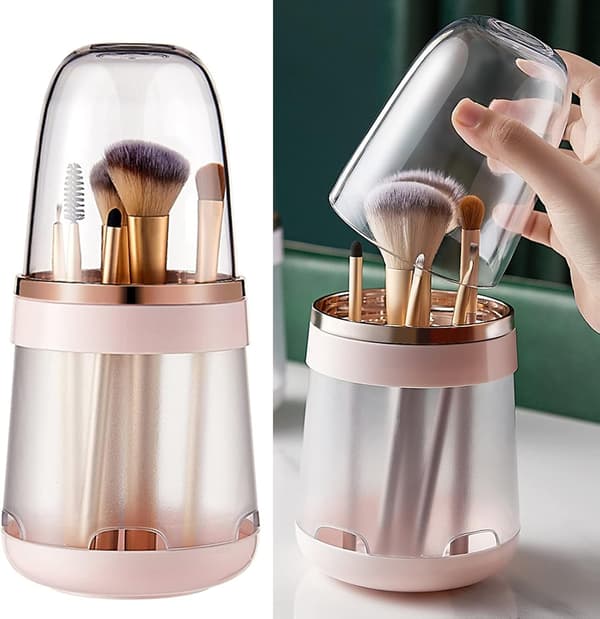 Makeupbørsteorganisator med beskyttende låg - Aftagelig pink kosmetik