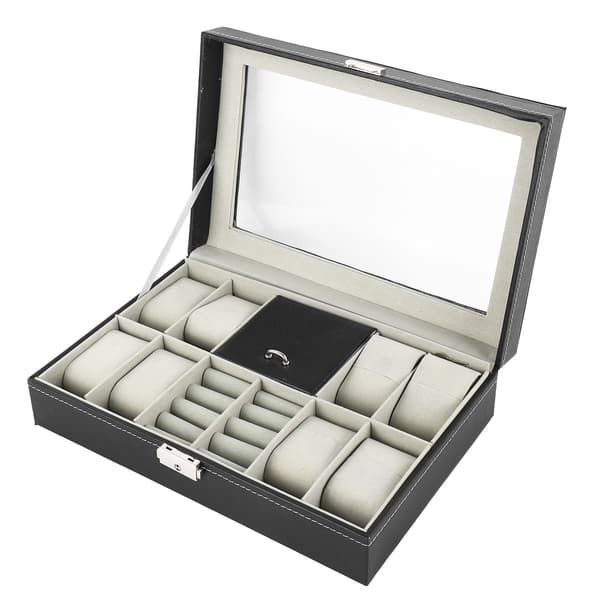 Watch Jewelry Box 8 Compartments Watch Box Case 2 Compartments Ring Lockable PU Leather Watch Storage Box with Glass Lid