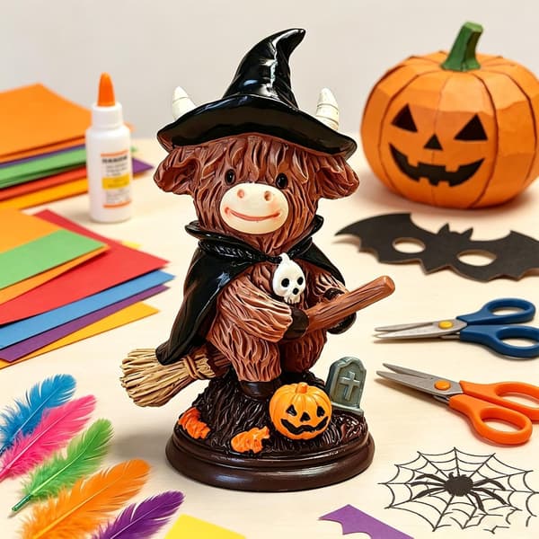 1 stk. Generisk Ko Halloween Dekoration Harpiksfigur Hekseko, 10,5 cm