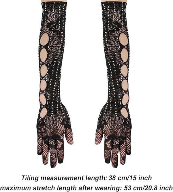 Par sorte handsker med diamantroset, 40 cm lange med rosenprint, fiskenethandsker i blød stretch mesh tyl