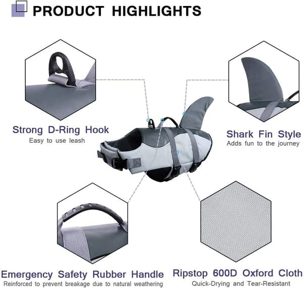 Adjustable Dog Life Vest with Soft Handle Pet Life Jacket Pool, Beach, Boat Grey, L