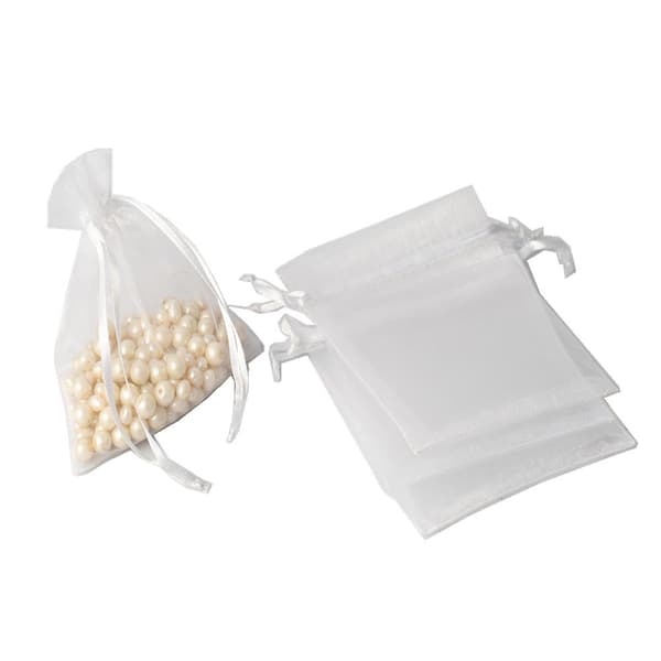 Pakke med 100 poser, 7 x 9 cm, organza gavepose, hvit