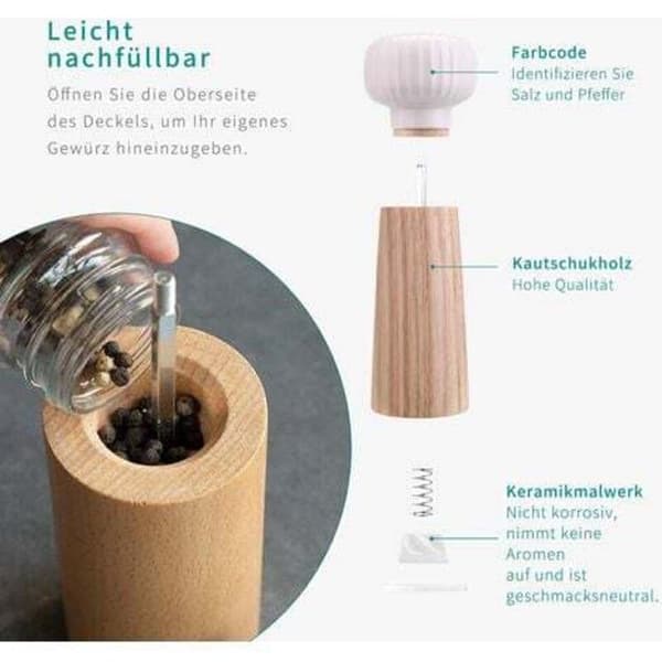 Trä- och keramisk salt- och pepparkvarn - Kryddkvarn med justerbar malning, 17,5 cm