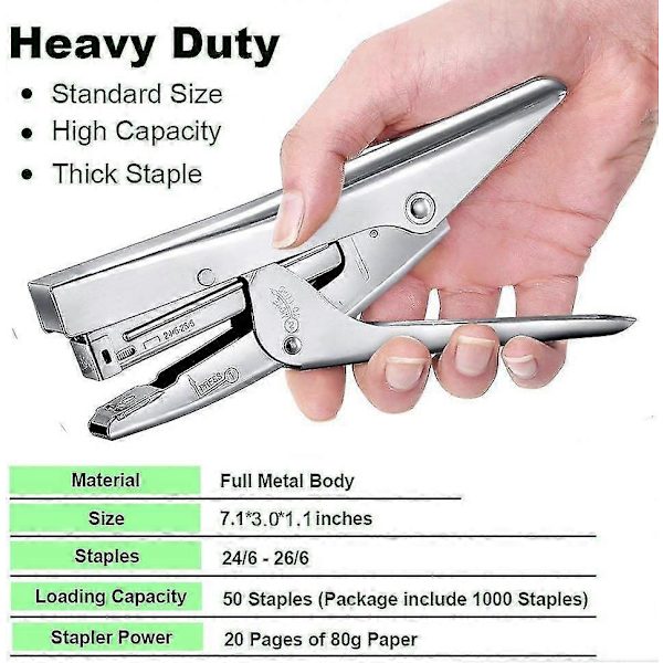 Plier Stapler Heavy Duty Office Stapler Handheld 20-Sheet Stapler Paper Stapling Machine with 2000 Staples, Silver
