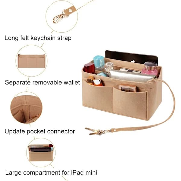 Beige insert bag, felt handbag with multiple compartments, 26*13*16cm[co]