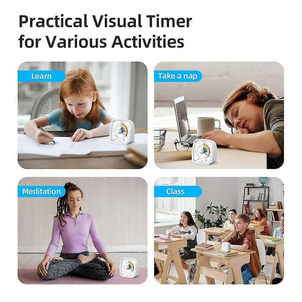 60-minutters visuel timer med natlys, nedtællingstimer, Pomodoro-timer med regnbuemønster til børn og voksne, hvid