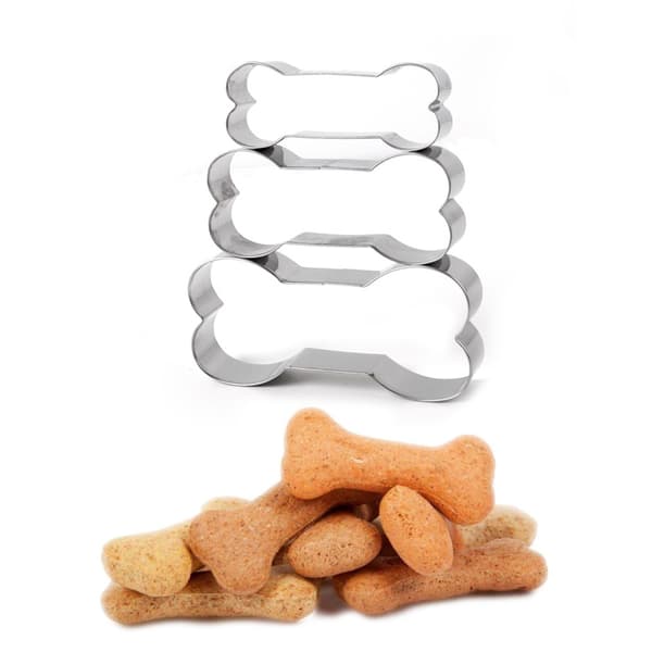 3 store og små kakeformer i rustfritt stål, hundebeinsform