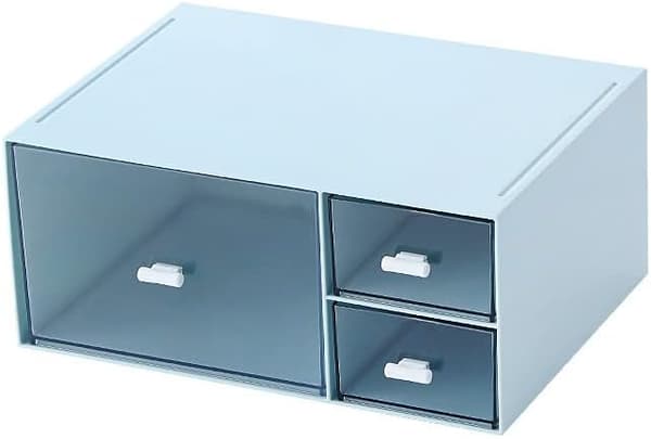 Stackable Plastic Storage Box on Desk for Cosmetics, Office Supplies (1 Deep Layer, Blue) Blue