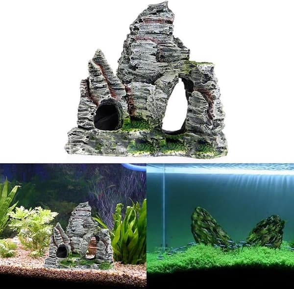 Akvariedekoration med stenrøse, gemmested, hule, træ, fisketank