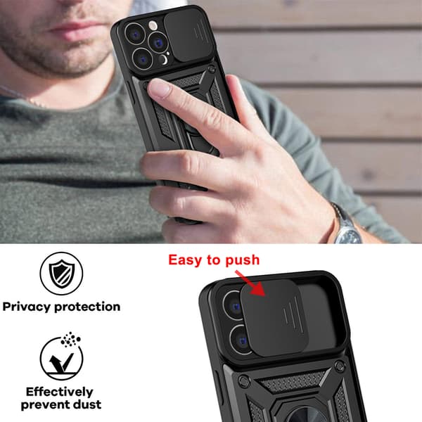 Black iPhone 13 Pro Max Case with Sliding Camera Cover and Stand, Built-in 360° Rotating Ring Holder Magnetic Case for iPhone 12 / 13