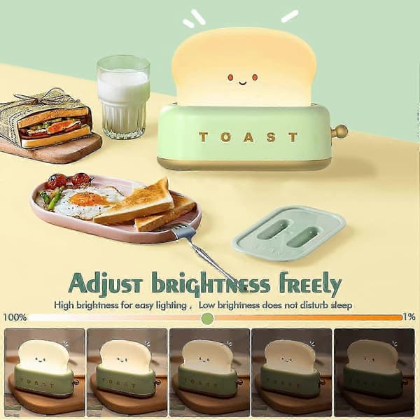 Toasted Bread LED Night Light, Cute Desk Decor Toaster Lamp Rechargeable With Timer, Creative Design Portable Bedroom Bedside Lamp, Green