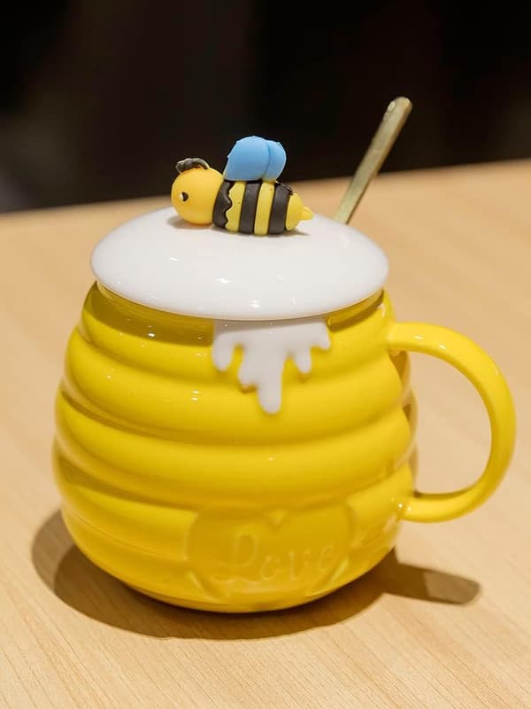 Keramisk mugg bi honungsburk relief kaffe med sked gul-B - Yellow-B