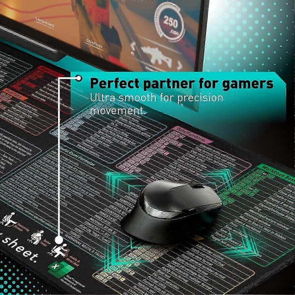 Excel Keyboard Shortcuts Mouse Pad - Extended Large XL Cheat Sheet Gaming Mouse Pad | PC Office Spreadsheet Keyboard Mat | Non-Slip Stitched Edge
