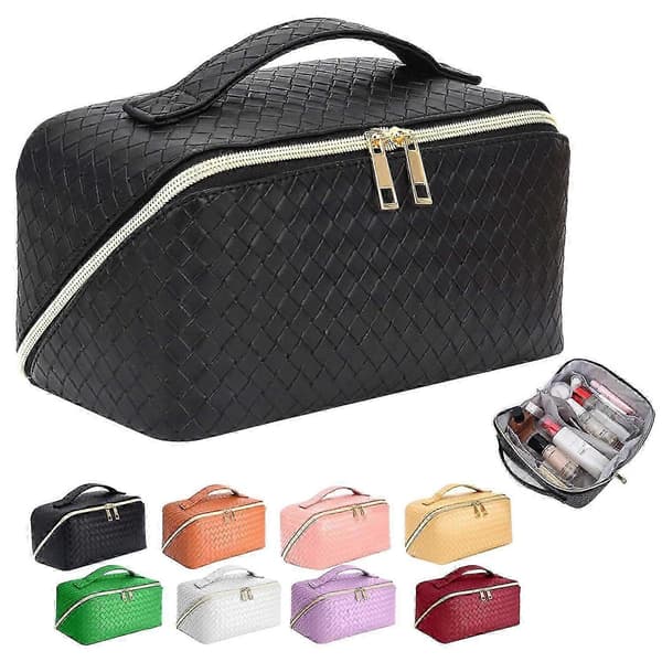 Large Travel Makeup Bag Portable Leather Case with Handle Divider and Flat Style Plaid Design