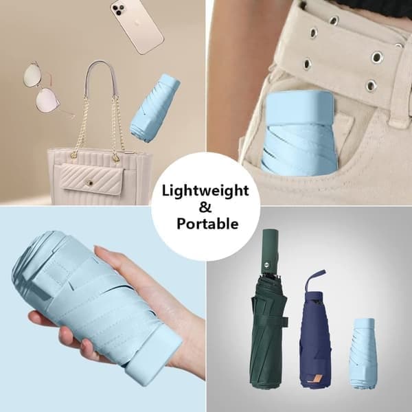 Mini rejseparaply med etui – Kompakt UV-beskyttelse, let og bærbart vindtæt paraply til kvinder, mænd og børn, blåt
