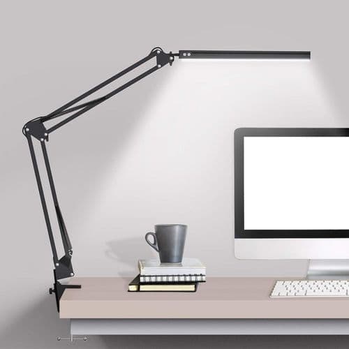 LED-skrivebordslampe med klemme, svingarm, justerbar