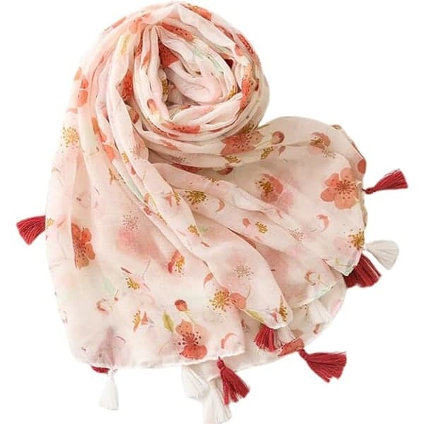 Damscarf, stor oversized blommönstrad scarf med fransar, lämplig för vår, sommar, höst och vinter