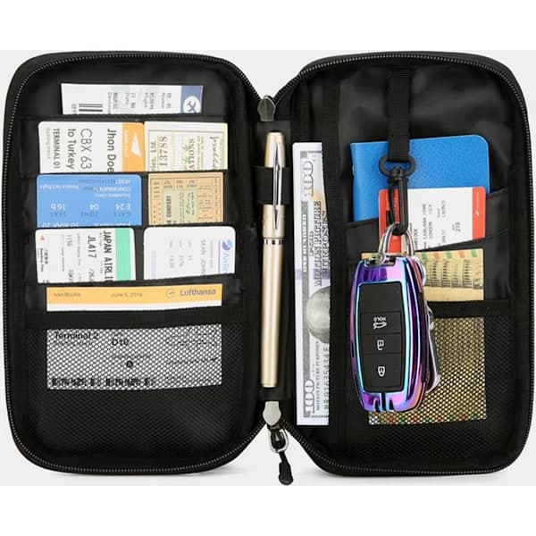 Passport Holder, Travel Wallet Case, Waterproof RFID Blocking Card Organizer with Hand Strap, Zipper, Shoulder Strap, Black