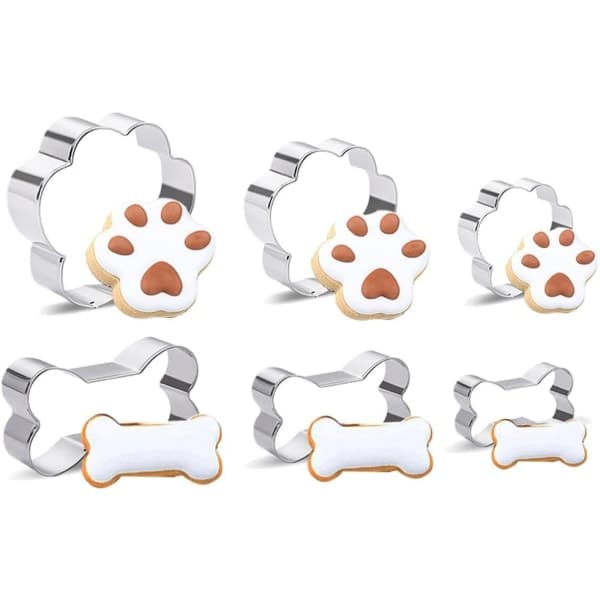 6-delt kakeformsett for hunder, poter og benformer i rustfritt stål, for kjeks, fondant, smørbrød og baking