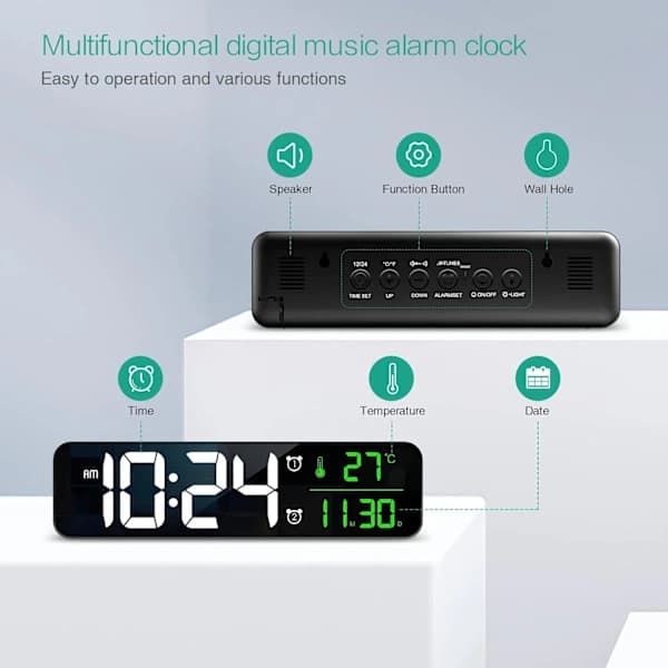Digital väckarklocka, stor skärm väggklocka, digital väckarklocka, datum/temperatur, ℃/℉ växling, tidsminne, 2 larm.