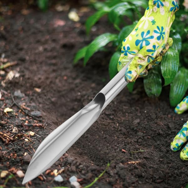Liten hagespade i rustfritt stål, ergonomisk grep, spiss håndspade for omplanting, rotskjæring og hagearbeid, lettvekt -