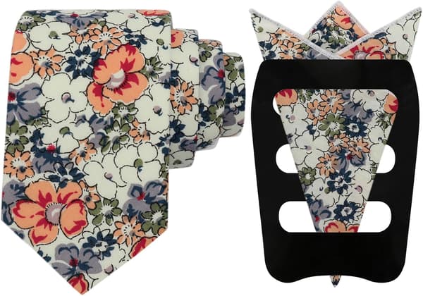 Blomstrede slipsesæt til mænd, smalle bomuldsblomsterslips med lommetørklæde og holder til brystlomme til bryllup -