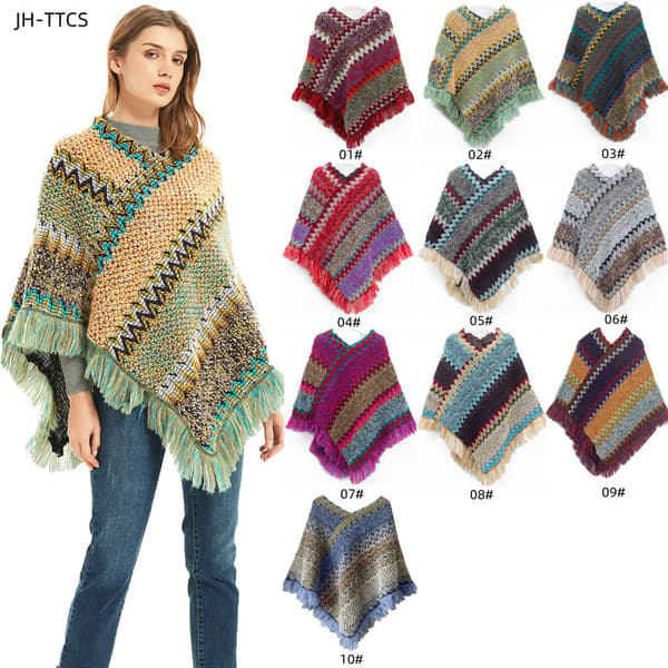 Ponchoer til kvinder, dameponchoer og sjal Vinter Retro Stilfuld Poncho Sjal til kvinder - Blå_tfrf