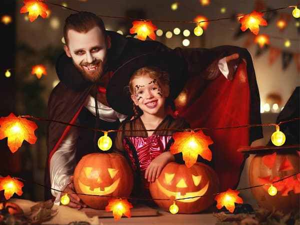 Maple Leaf and Pumpkin String Lights for Thanksgiving, Maple Leaf String Lights, Autumn and Halloween Decorations 3m 20 LED Battery Operated Garland