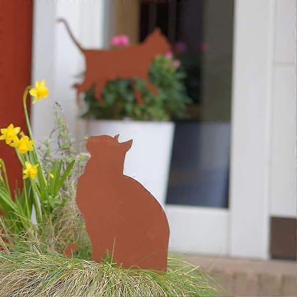 Sæt med 4 Havepynt Kat - Rustlook - Lavet af Rustfrit Stål - til Have, Terrasse, Altan eller Blomsterkrukke