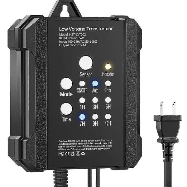 65W Utomhus Lågspänningstransformator med Timer och Fotocellssensor, 120V AC till 12V DC Väderbeständig för LED Landskapsbelysning