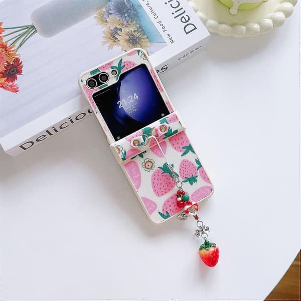 Wholesale Phone Case PC+PU Leather Shell with Strawberry Charm for Samsung Galaxy Z Flip5 5G