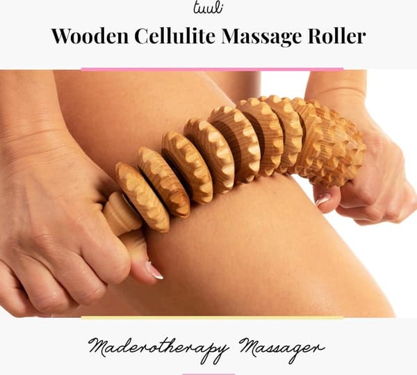 Anti-cellulite massager, wooden massage roller with handle, improves blood circulation, smooth skin