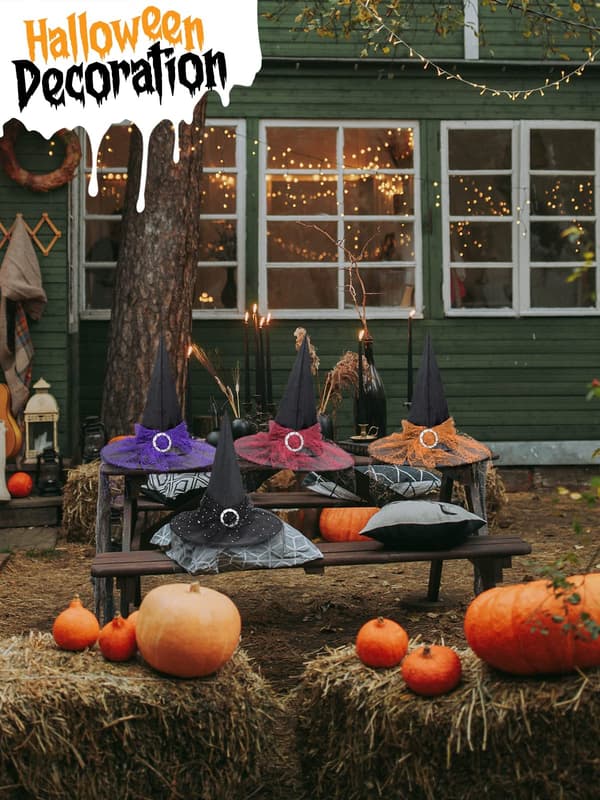 Hatt for heks, dame, Halloween, med slør, tilbehør til heksedrakt for voksne, fest
