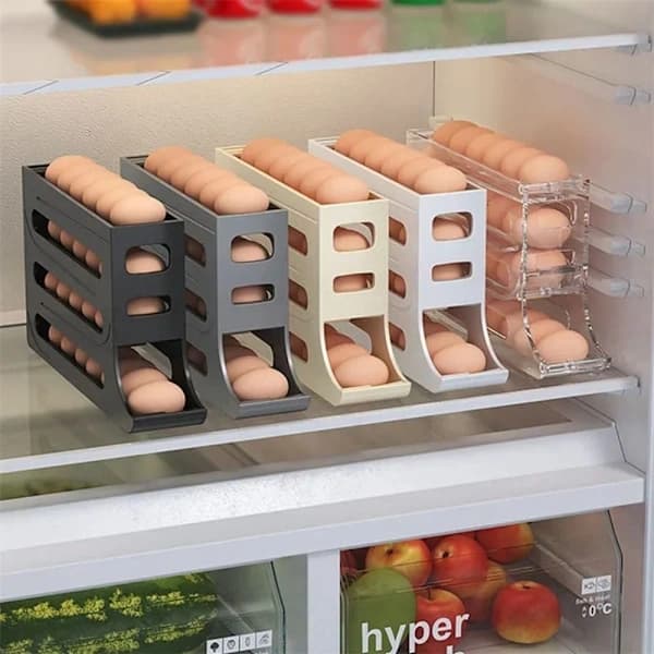 4-lagers äggförvaring för kylskåp, äggdispenser, automatisk rullande äggbricka, förvaring för 30 ägg, beige